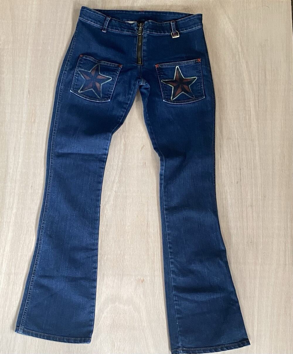 Vintage Y2K Sailor Jerry Handpainted Tattoo Flash Stars & Swallows Flare Jeans